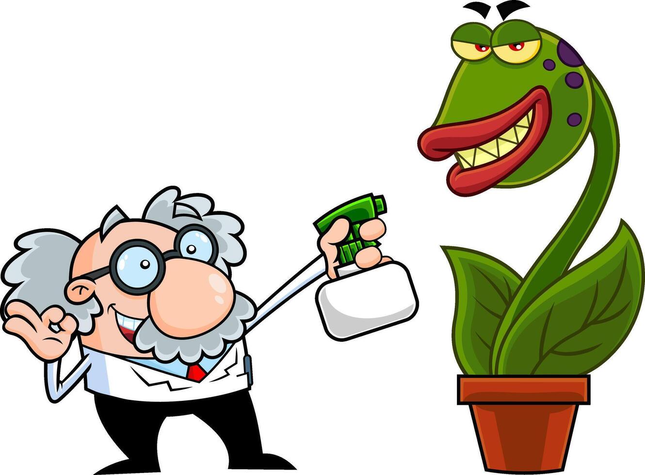 Science Professor Cartoon Character Spraying Evil Carnivorous Plant. Vector Hand Drawn Illustration Isolated On Transparent Background