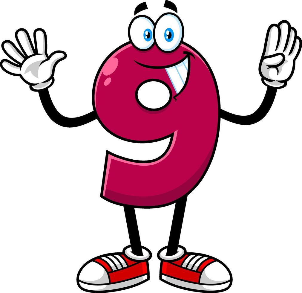 Funny Magenta Number Nine 9 Cartoon Character Showing Hands Number Nine. Vector Hand Drawn Illustration Isolated On Transparent Background