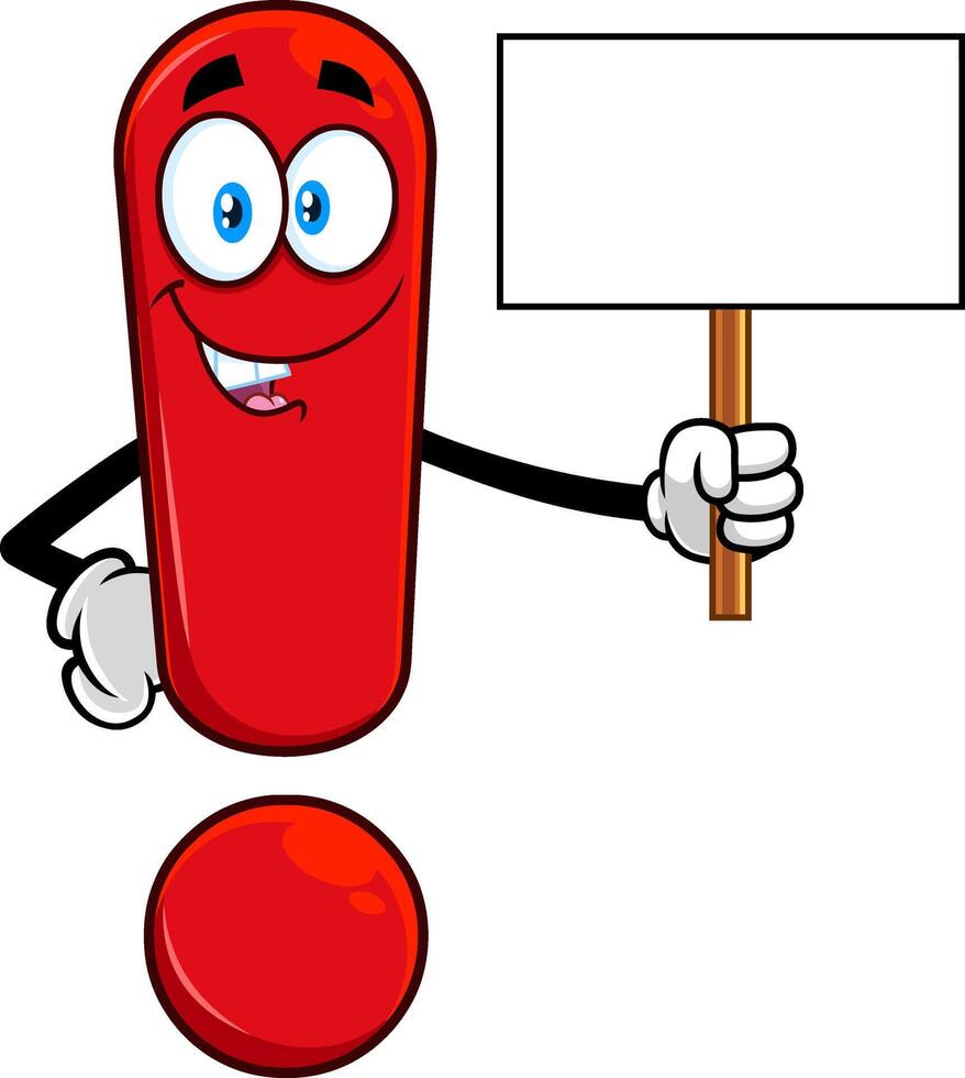 Cute Red Exclamation Mark Cartoon Character Holding A Blank Sign vector