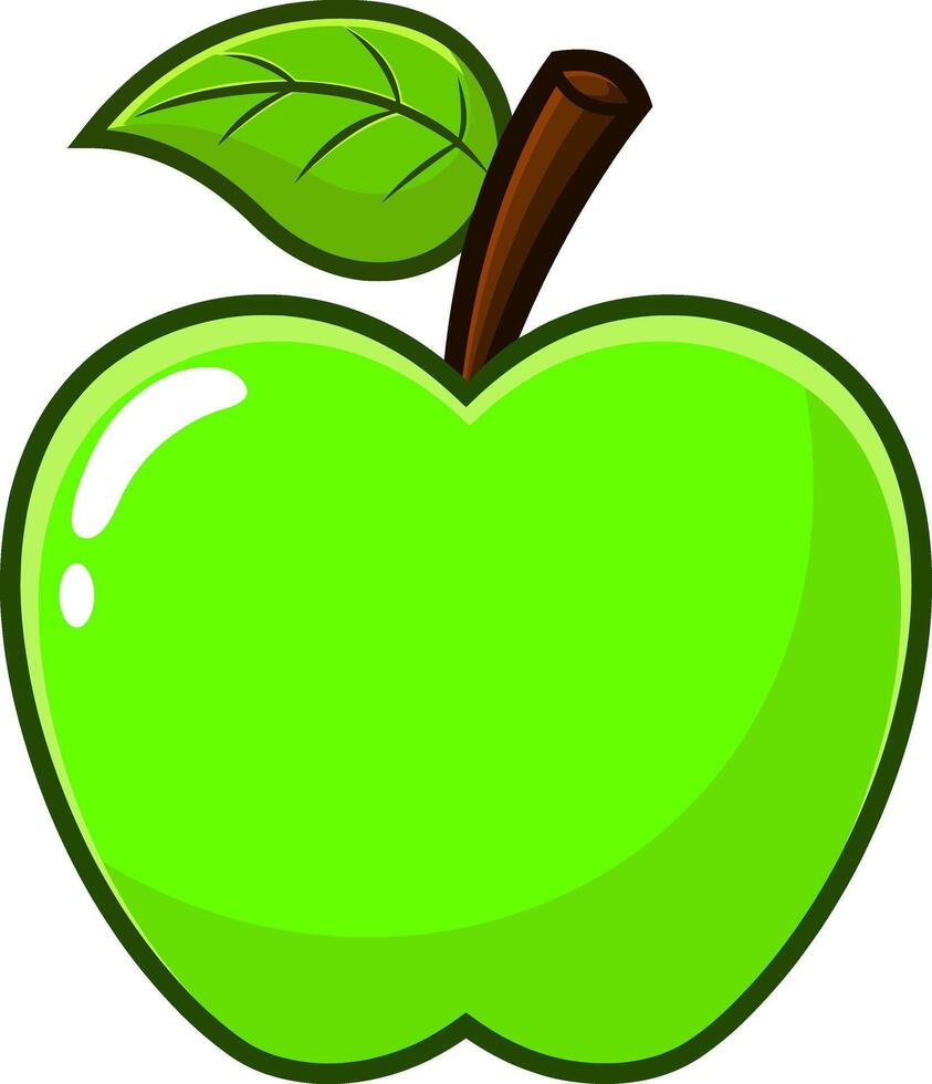 Cartoon Green Apple Fruit With A Leaf. Vector Hand Drawn Illustration