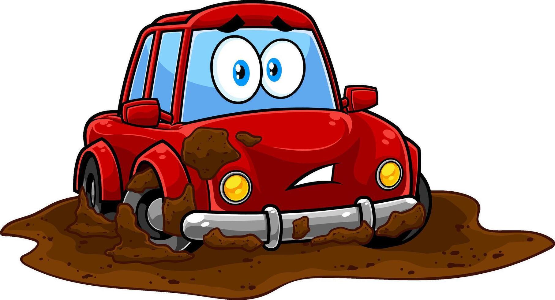 Funny Red Car Cartoon Character Stuck Mud Dirty Puddle. Vector Hand Drawn Illustration Isolated On Transparent Background