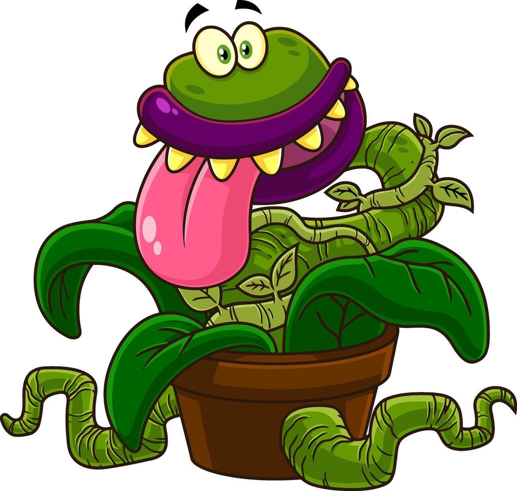 Crazy Evil Carnivorous Plant Cartoon Character. Vector Hand Drawn Illustration Isolated On Transparent Background
