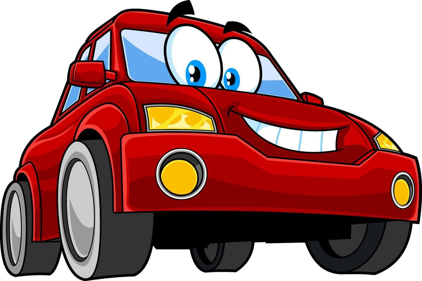 Smiling Red Car Cartoon Character. Vector Hand Drawn Illustration Isolated On Transparent Background