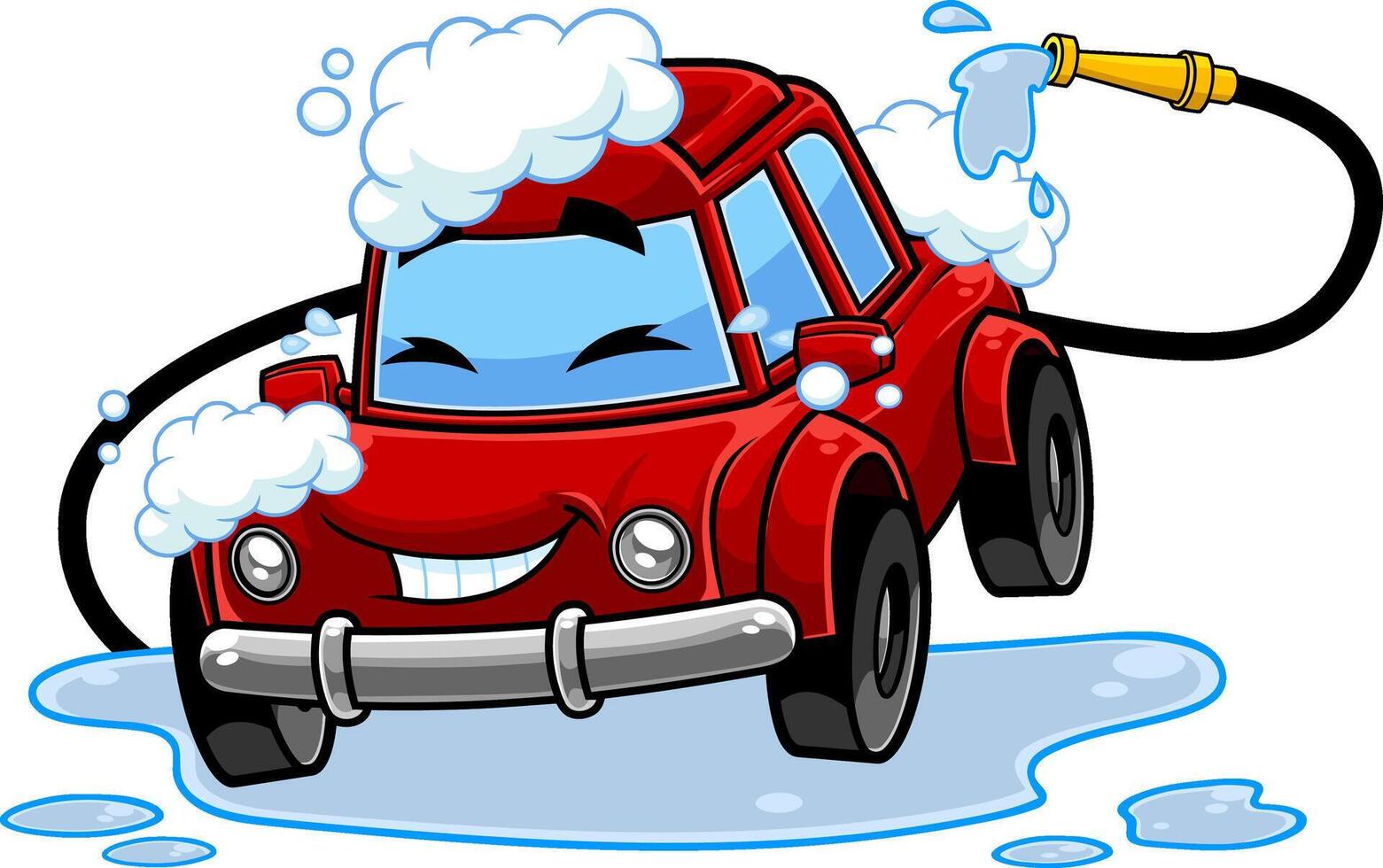 Red Automobile Cartoon Character Washing Itself Over Car Wash. Vector Hand Drawn Illustration Isolated On Transparent Background