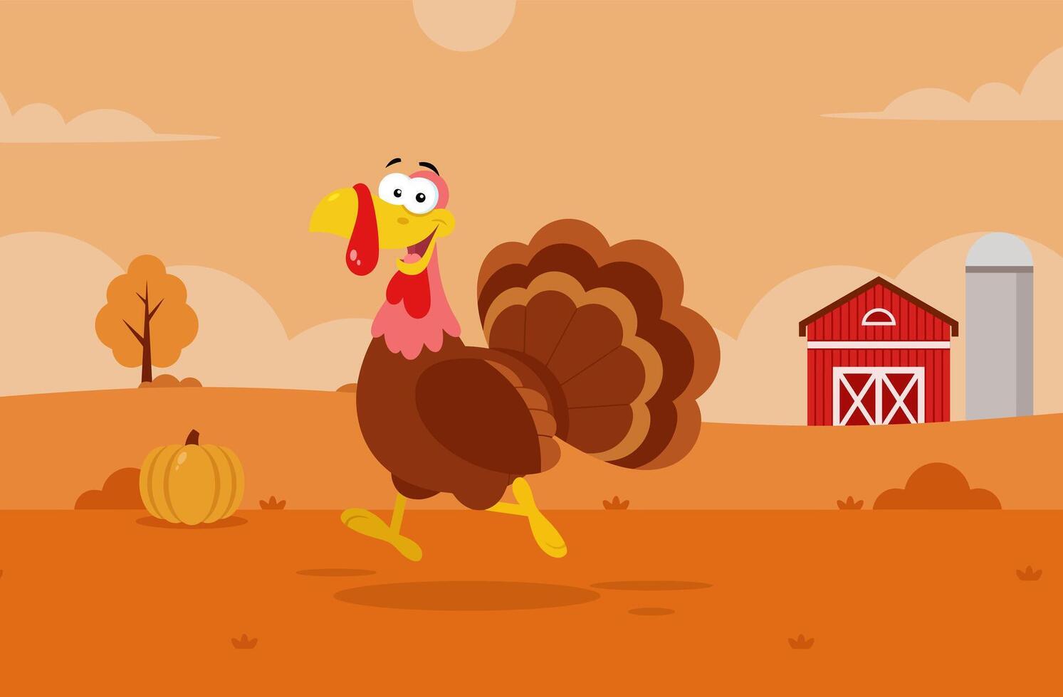 Cute Turkey Cartoon Character Running. Vector Flat Design Illustration With Farm Background