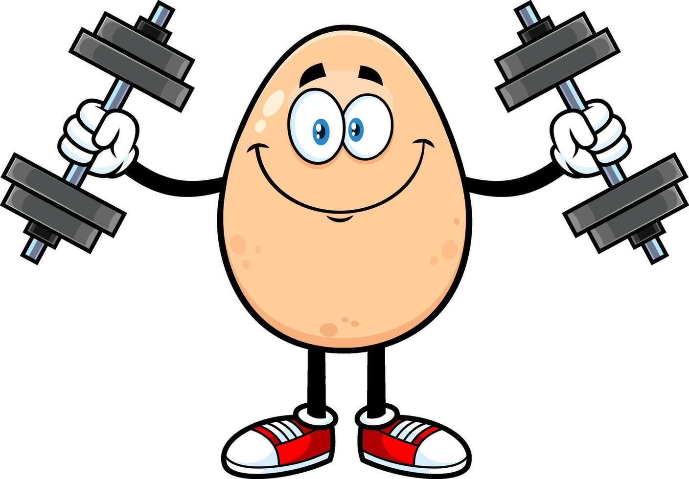 Smiling Egg Cartoon Character Working Out With Dumbbells. Vector Illustration Isolated On White Background