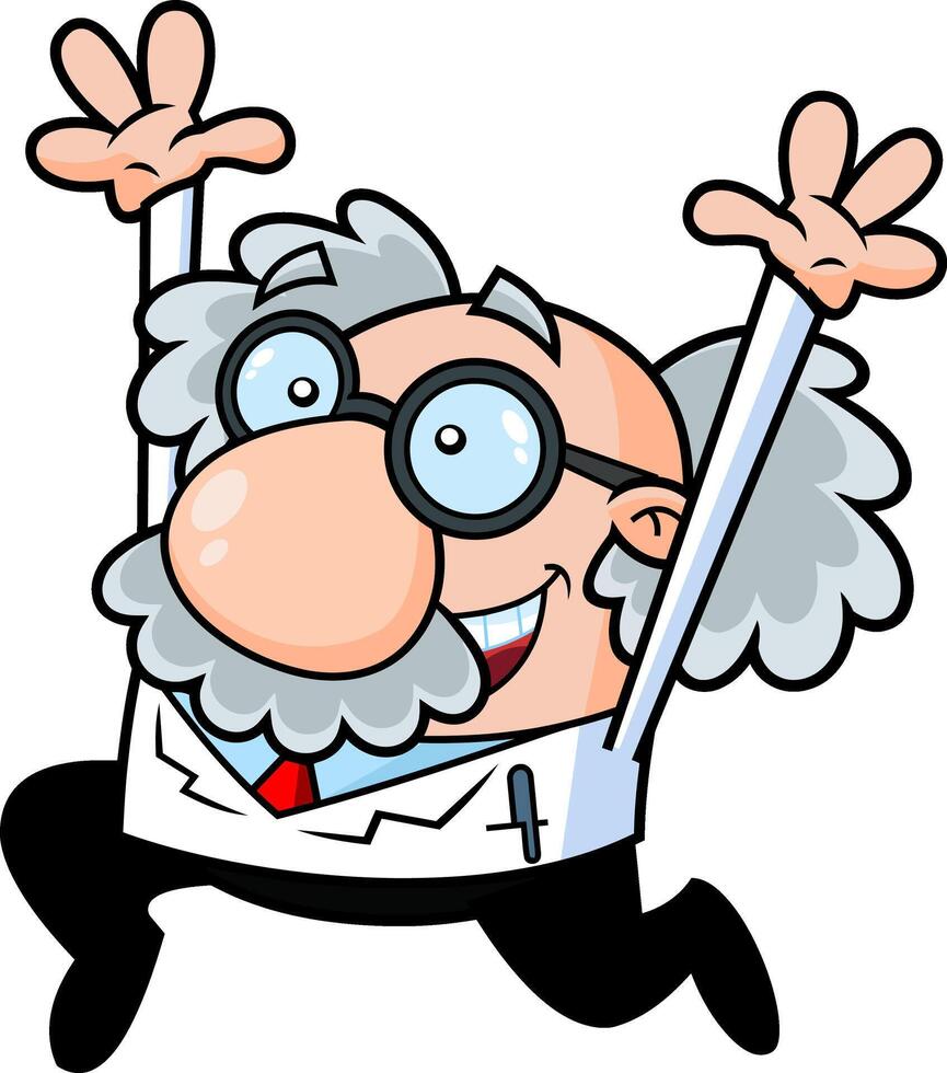 Happy Science Professor Cartoon Character Running With Open Arms. Vector Hand Drawn Illustration Isolated On Transparent Background