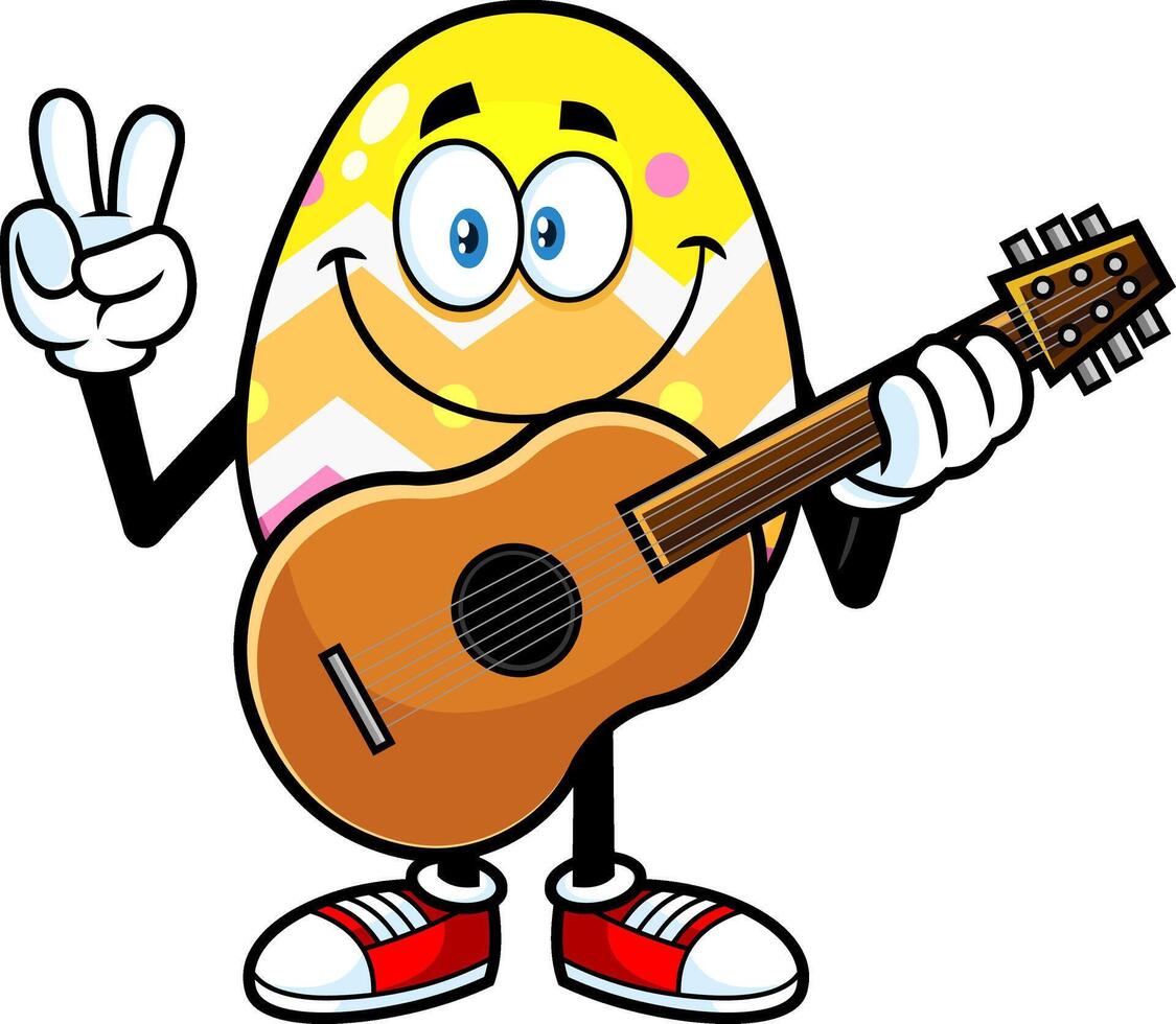 Pascua de Resurrección huevo dibujos animados personaje con guitarra demostración paz mano signo. vector ilustración aislado en blanco antecedentes