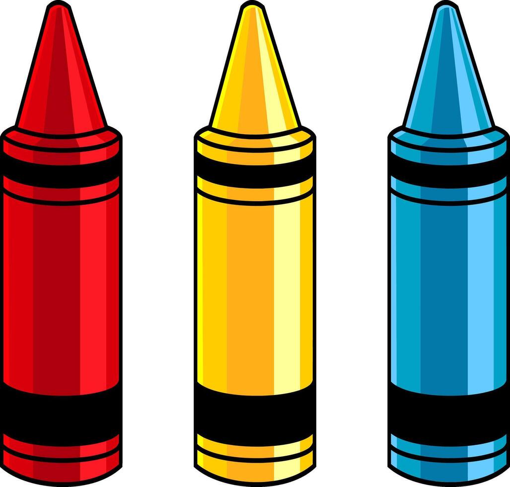 Cartoon Three Colour Crayon. Vector Hand Drawn Illustration Isolated On Transparent Background