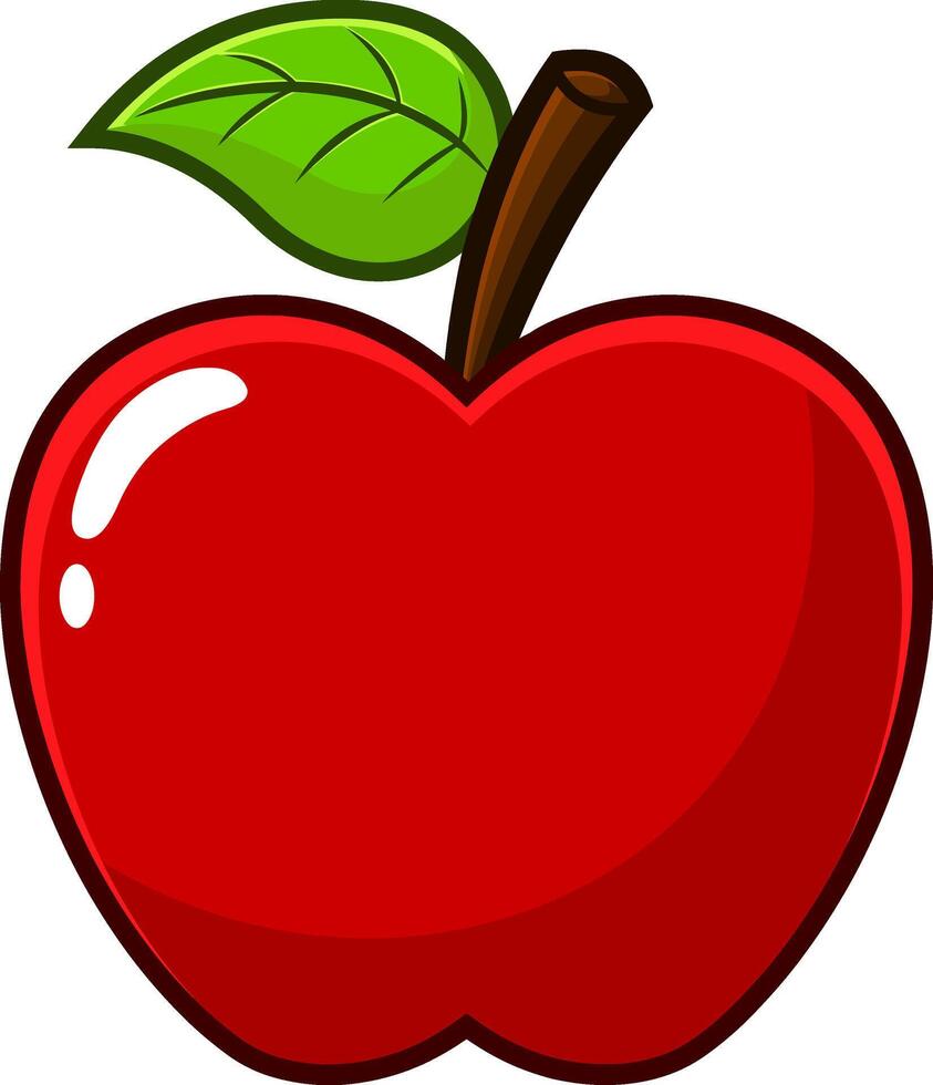 Cartoon Red Apple Fruit With A Leaf. Vector Hand Drawn Illustration Isolated On Transparent Background