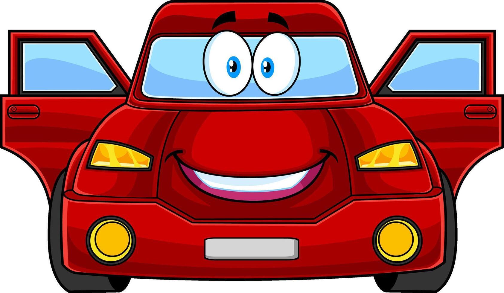 Happy Cute Red Car Cartoon Character With Open Doors. Vector Hand Drawn Illustration Isolated On Transparent Background