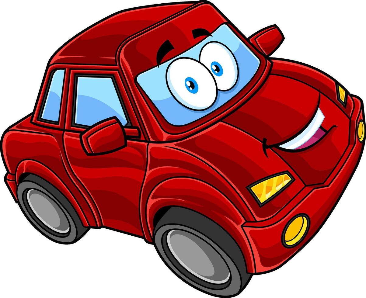 Smiling Cute Red Car Cartoon Character. Vector Hand Drawn Illustration Isolated On Transparent Background
