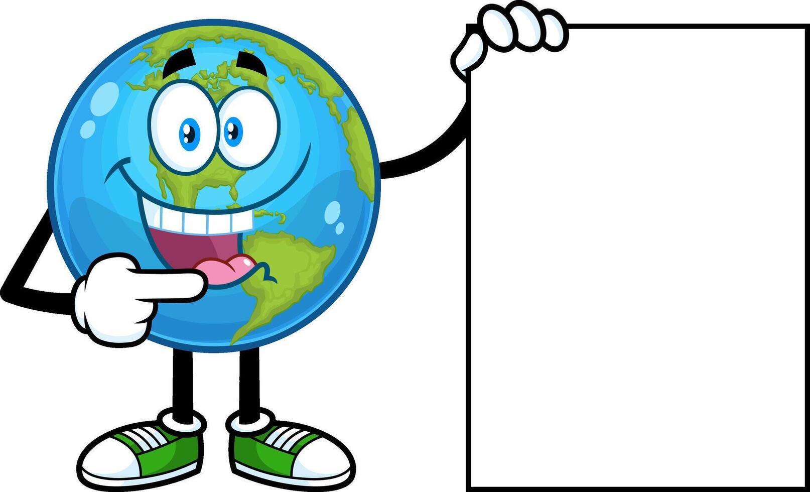 linda tierra globo dibujos animados personaje señalando a un blanco signo. vector mano dibujado ilustración aislado en transparente antecedentes