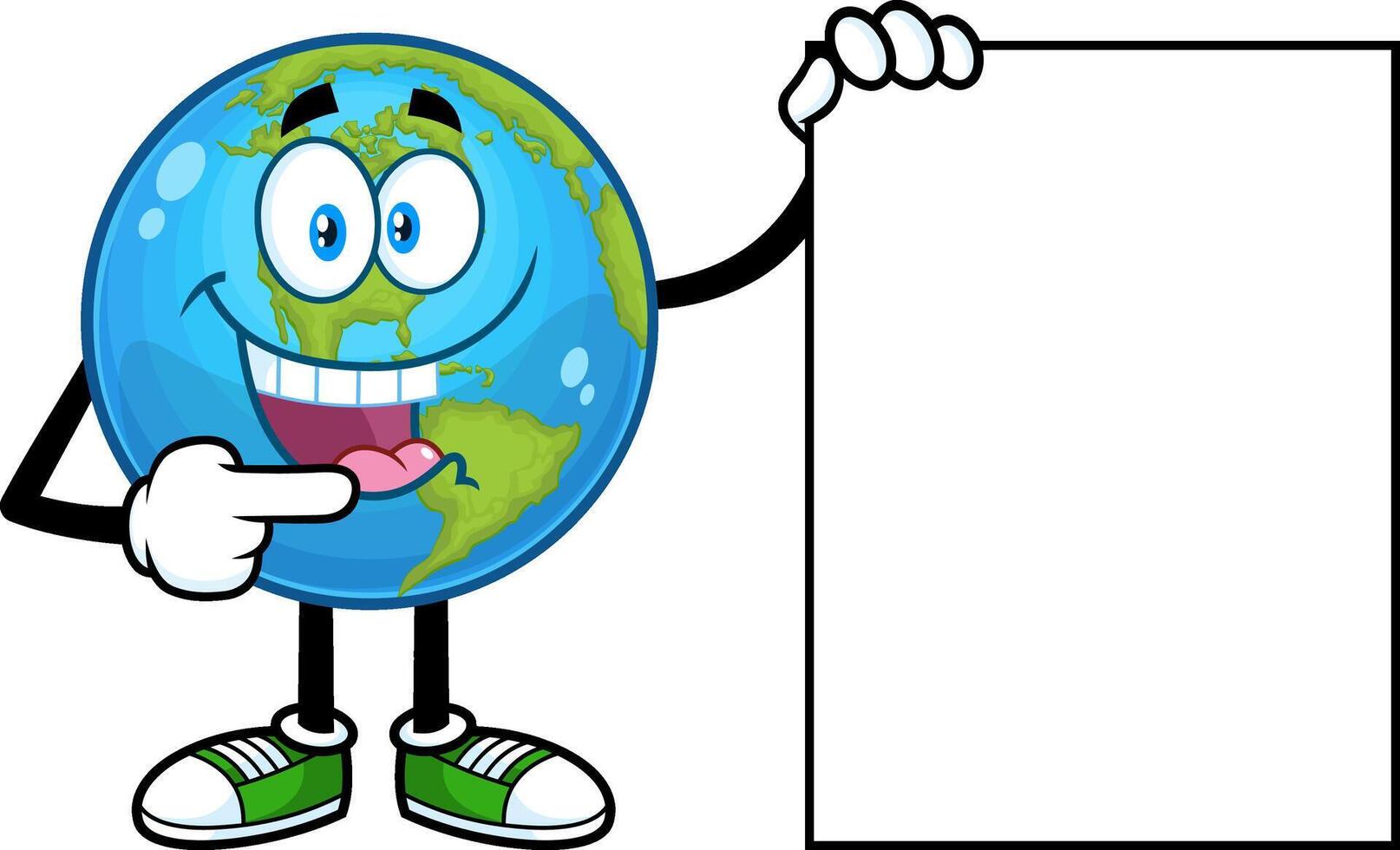 Cute Earth Globe Cartoon Character Pointing To A Blank Sign. Vector Hand Drawn Illustration Isolated On Transparent Background