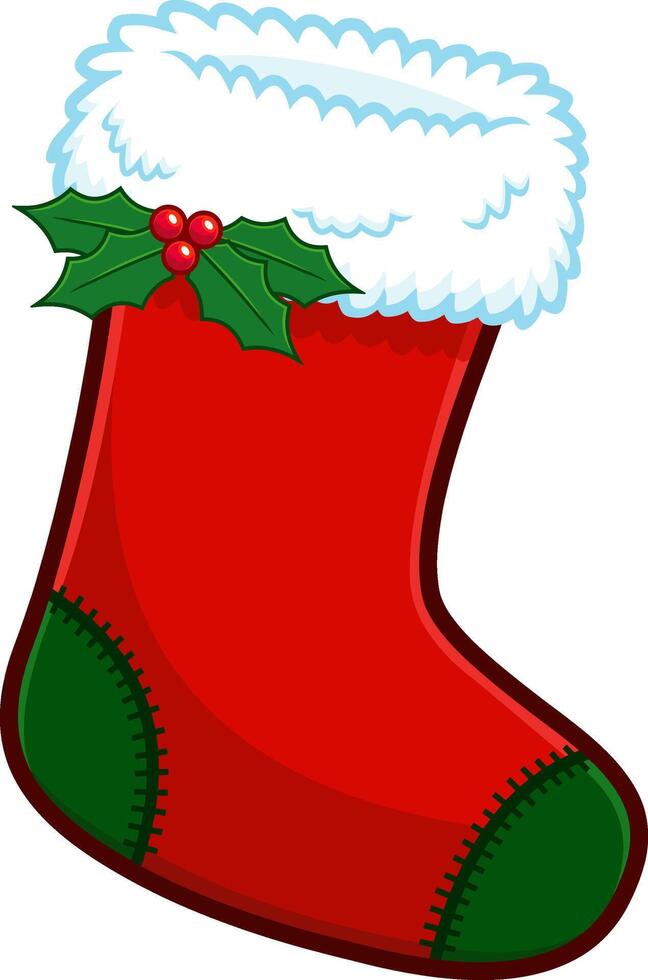 Cartoon Red Christmas Sock With Holly Berries And Leaves vector