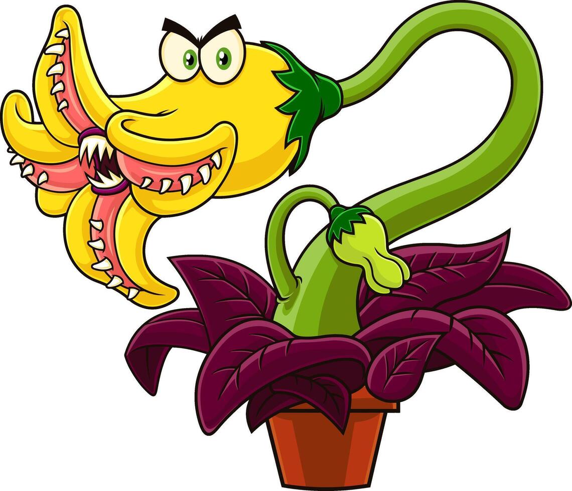 Angry Evil Carnivorous Plant Cartoon Character. Vector Hand Drawn Illustration Isolated On Transparent Background