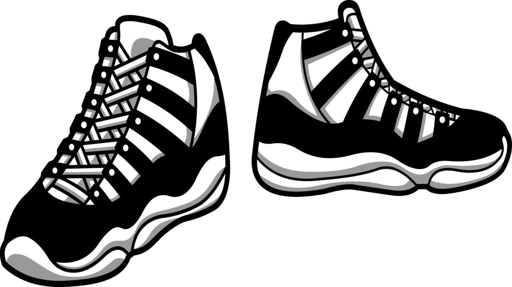 Black And White Cartoon Modern Sneakers. Vector Hand Drawn Illustration Isolated On Transparent Background