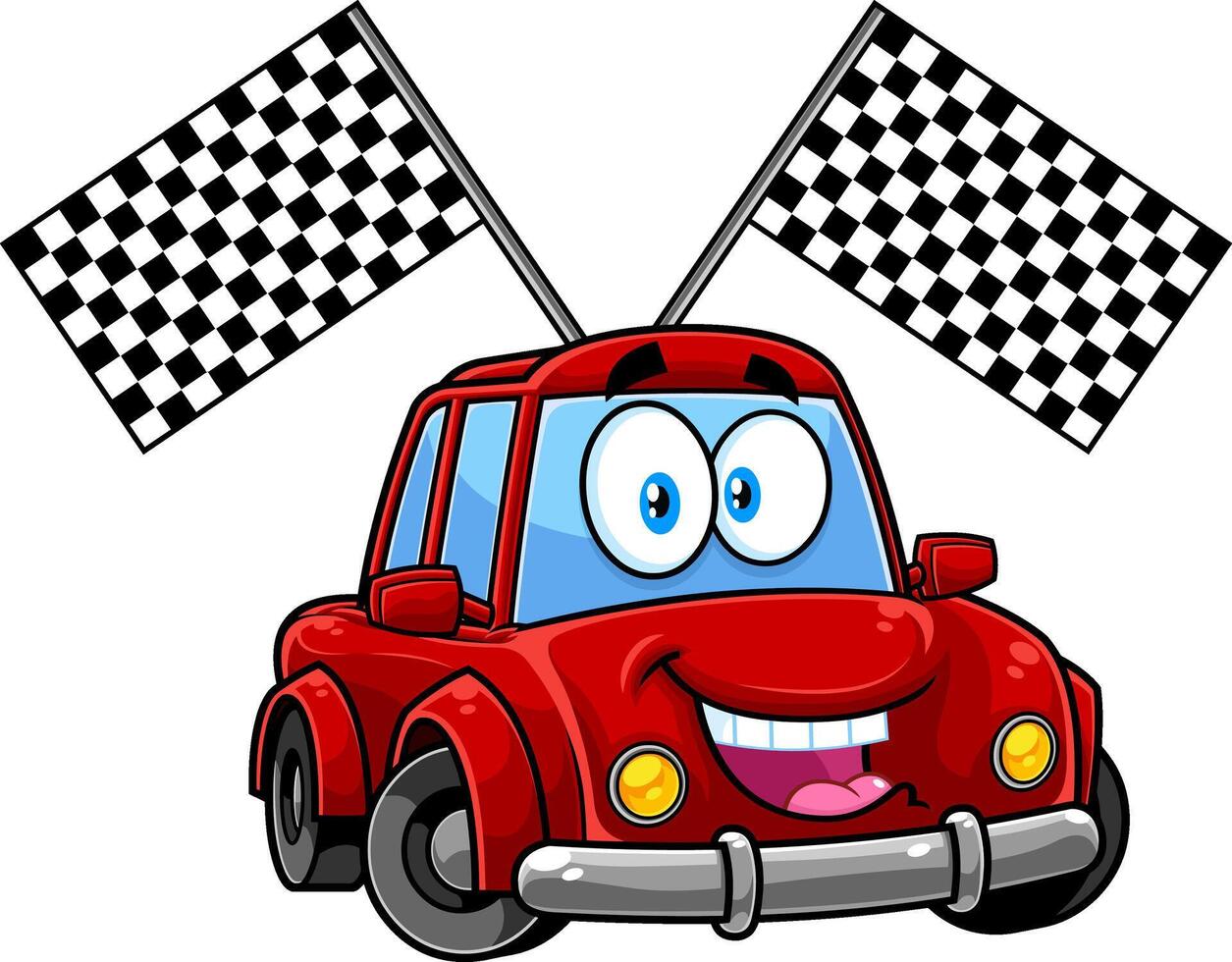 Happy Car Cartoon Character With Race Flags. Vector Hand Drawn Illustration Isolated On Transparent Background