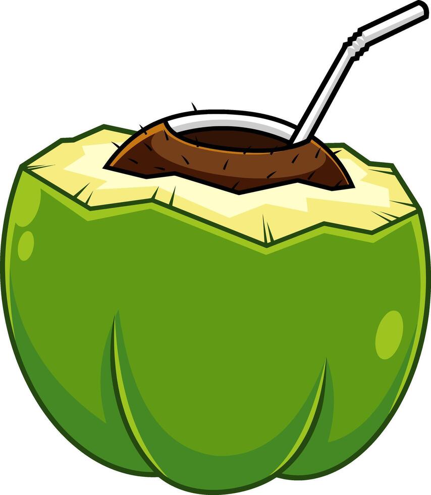 Cartoon Green Coconut Drink Shell With Straw. Vector Hand Drawn Illustration