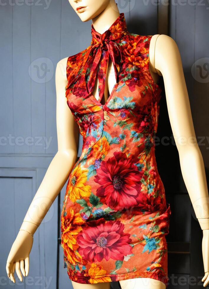 AI generated Fashionable evening orange summer dress on a mannequin. ai generative. ai generative photo