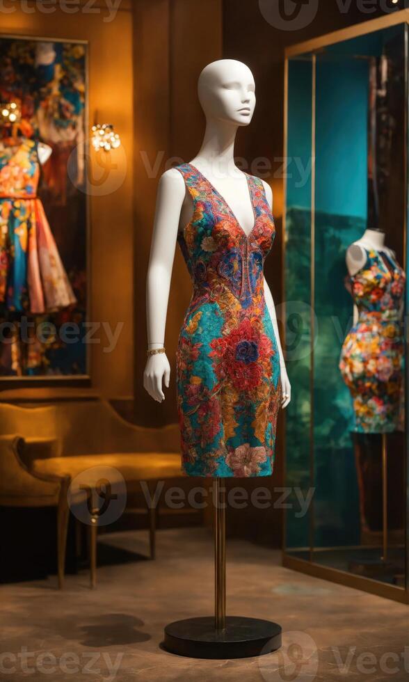 AI generated mini dress with low neckline on a mannequin. ai generative photo