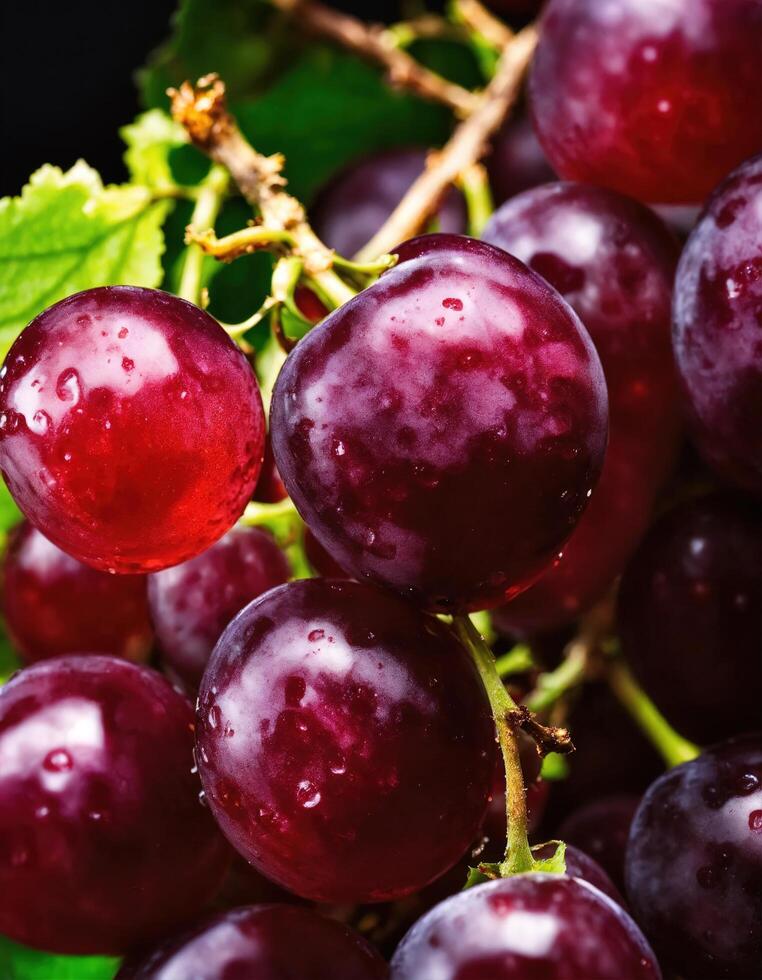 AI generated bunch of red grapes with green leaves. Shallow depth of field. ai generative photo