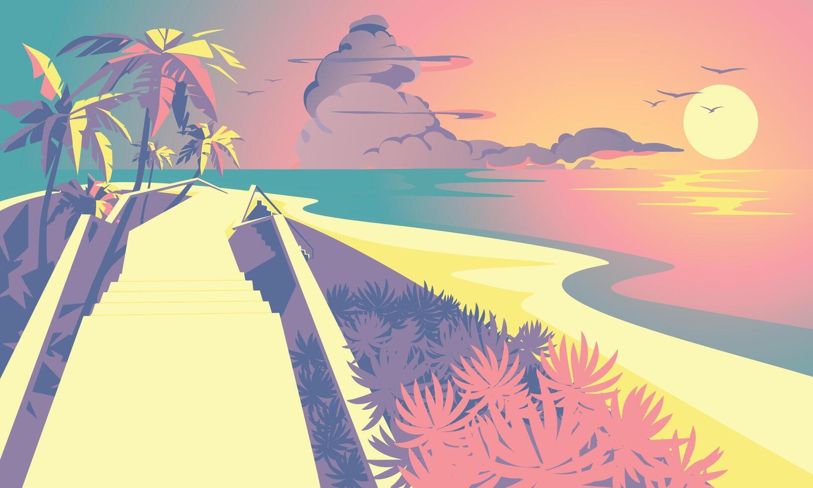 Tropical sunset coast landscape. Traditional exotic ocean vacation. Vector illustration