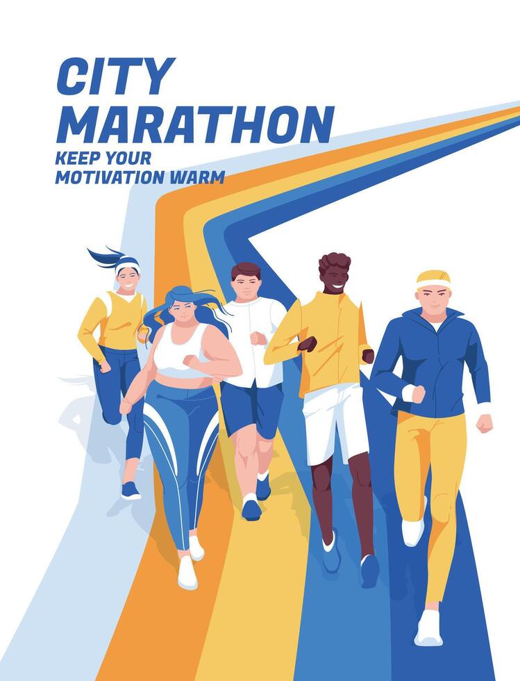 Jogging people. Urban marathon advertising design concept. Active lifestyle and sports. Vector flat illustration