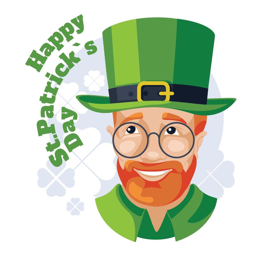 Saint Patrick's day greeting card. A man with an orange beard wearing a green traditional Irish hat. Character concept. Vector flat illustration