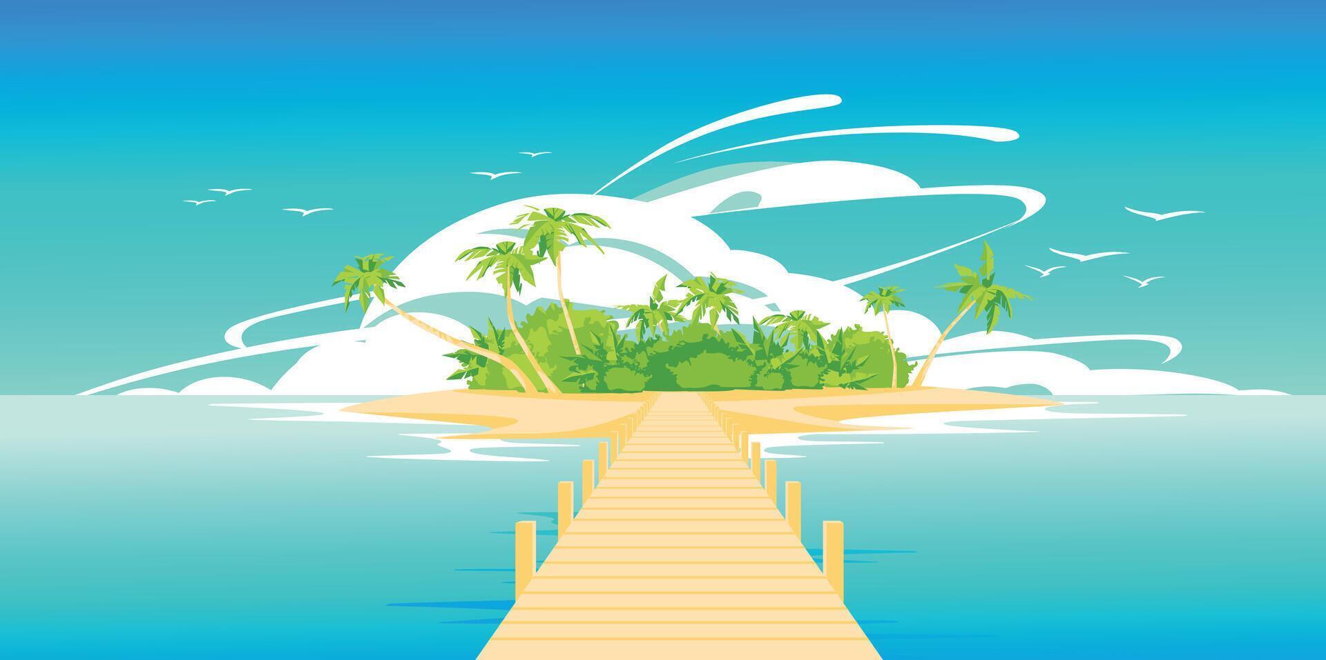 Ocean tropical landscape paradise. Wooden path to the island with palm trees. Bright sunny day. Traditional sea route and travel. Vector illustration