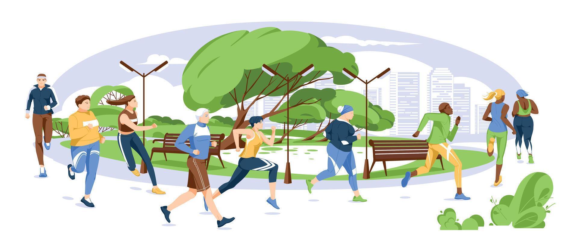 Spring or summer park runners. City marathon and running competition. Fitness and health. Variety of people characters. Vector flat illustration
