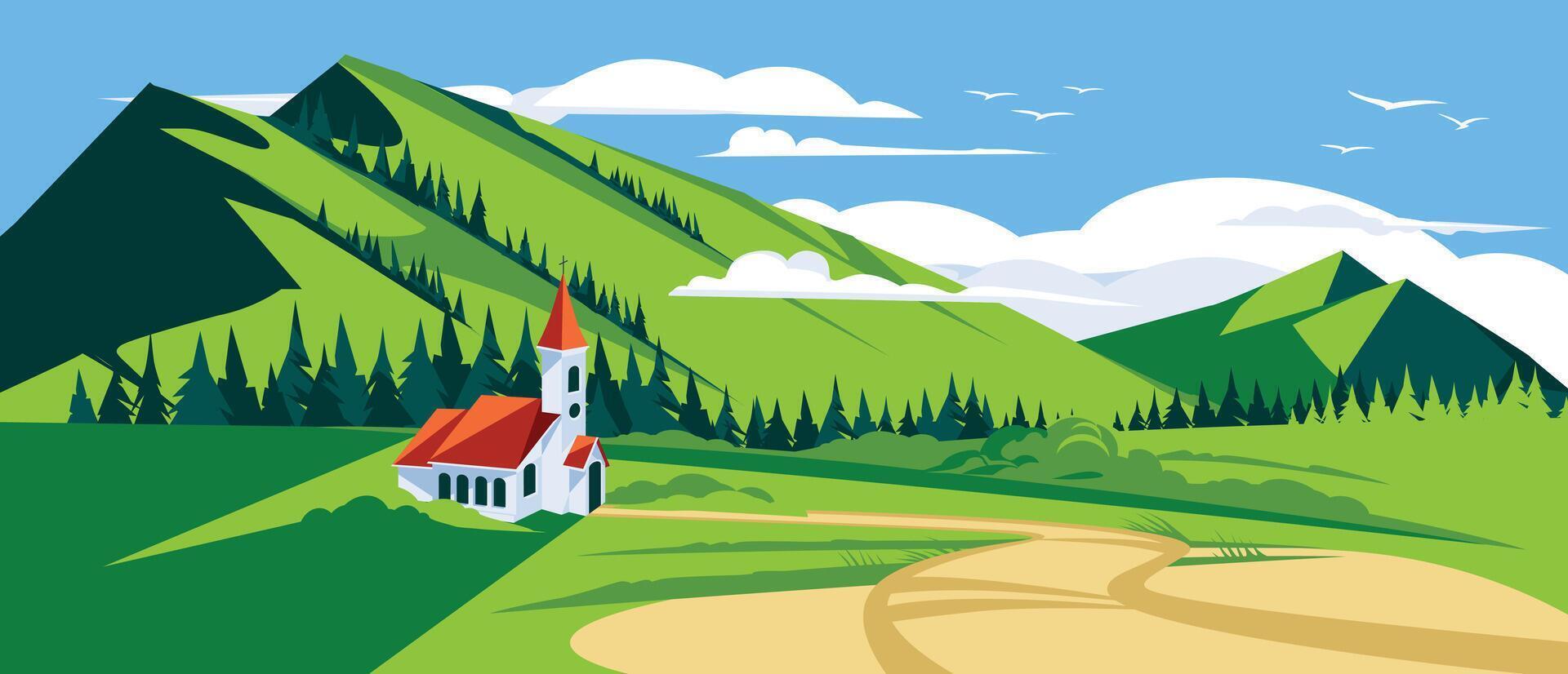 A traditional Christian church on a green meadow among the mountains. Spring or summer landscape. Vector flat illustration. Idyll and peace