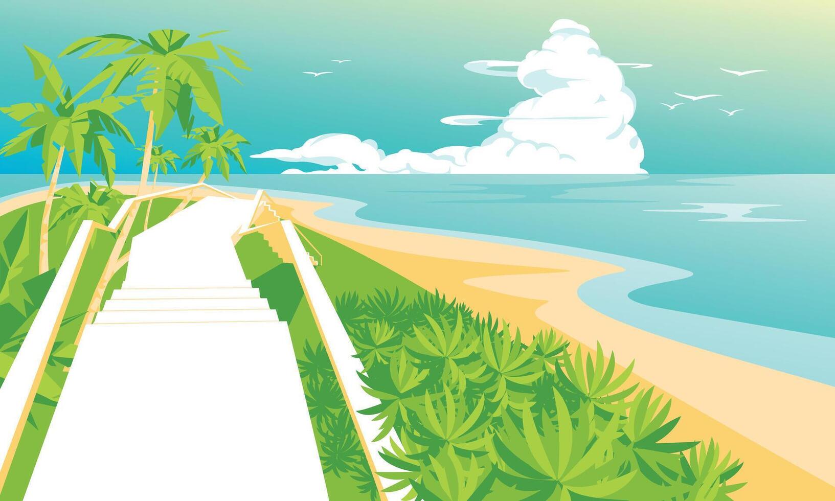 Ocean tropical landscape paradise. Wooden stairs to the beach of the island with palm trees. Bright sunny day. Traditional sea route and travel. Vector illustration