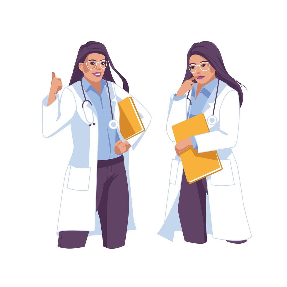 The woman doctor is in two different poses. pondering and finding a solution. Vector flat illustration