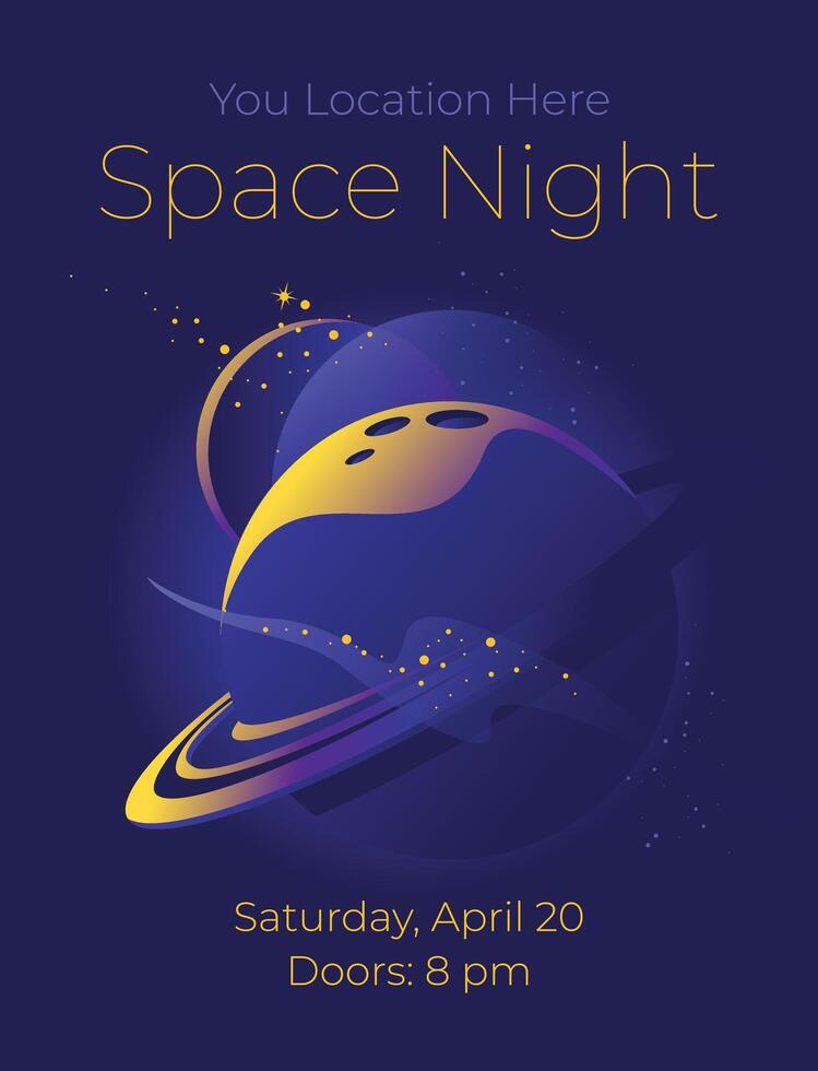 Space party poster. Advertisement of nightclub events. Universe and planets on a dark background. Greeting card design concept. Vector illustration