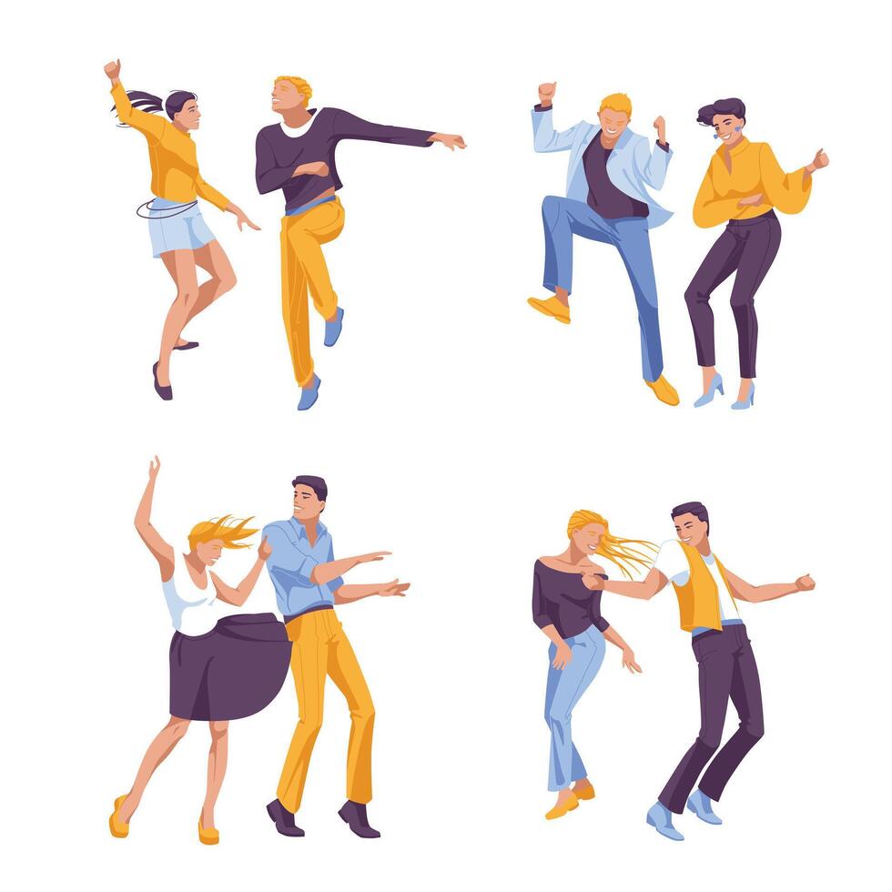 Set of dancing human couples isolated on white background. Flat vector illustration