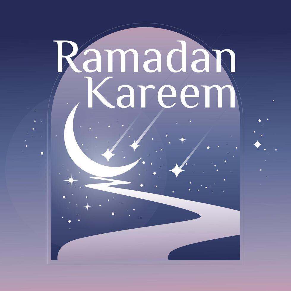 The mystical night of Ramadan. A bright path to the moon. starry night Square vector postcard