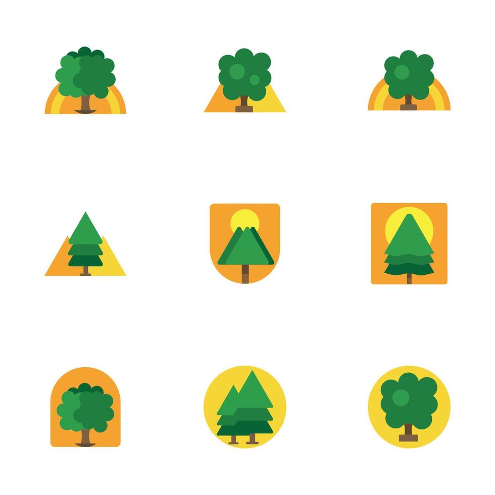 vector árbol íconos colección en plano estilo