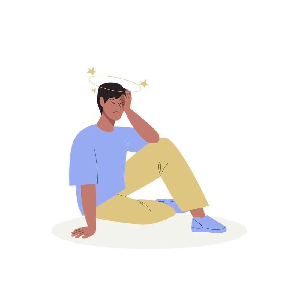 Young man sits on the ground with a head injury after accidental fall. Flat vector illustration of male character