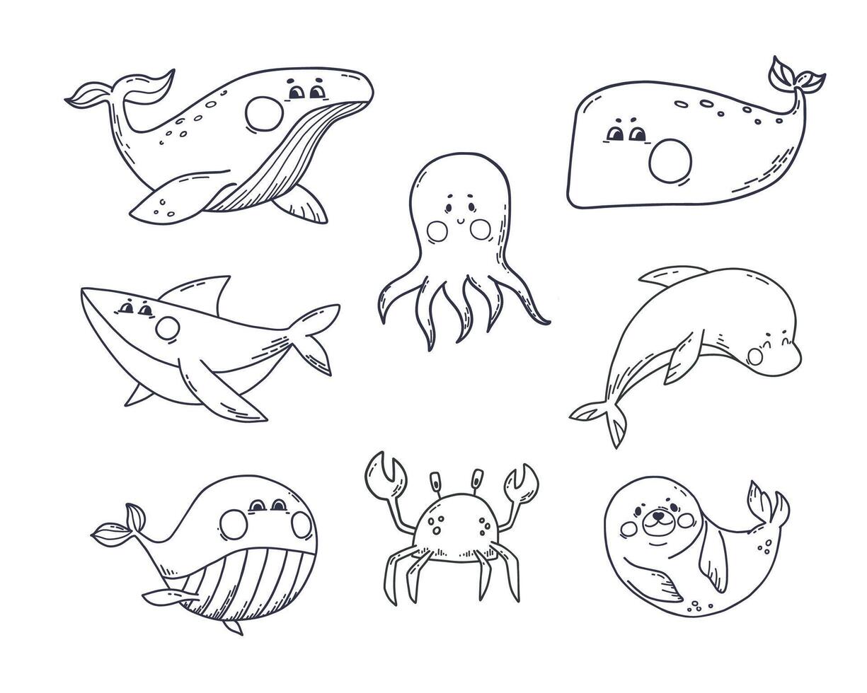 Ocean aquatic animals set in doodle style. Underwater mammals different species whales, shark, dolphin, octopus, crab. Vector illustration isolated on white background for childrens coloring book