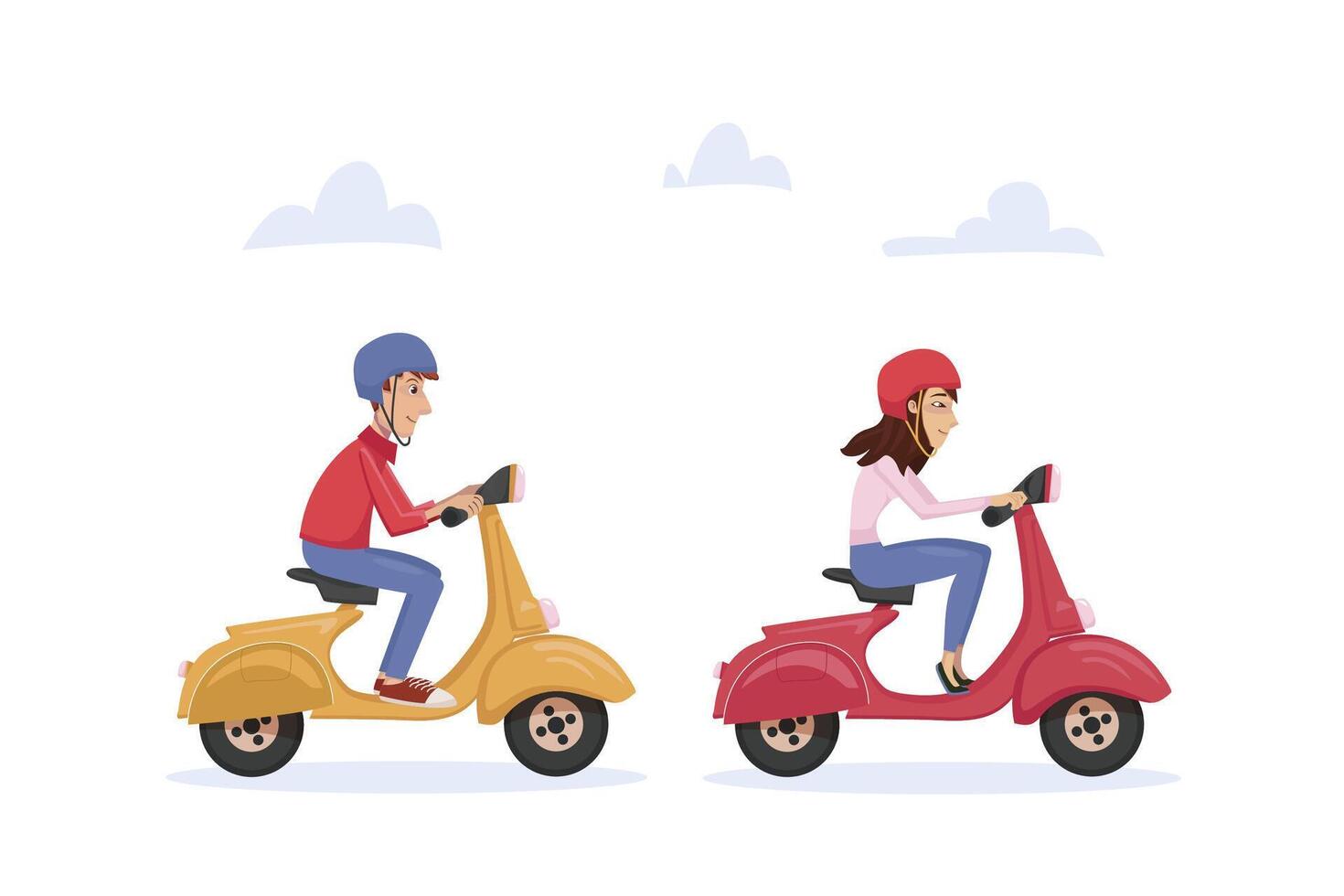 Young couple man and woman traveling on two motor scooters and enjoying time together. Active lifestyle, trip. Vector illustration in cartoon style on isolated background