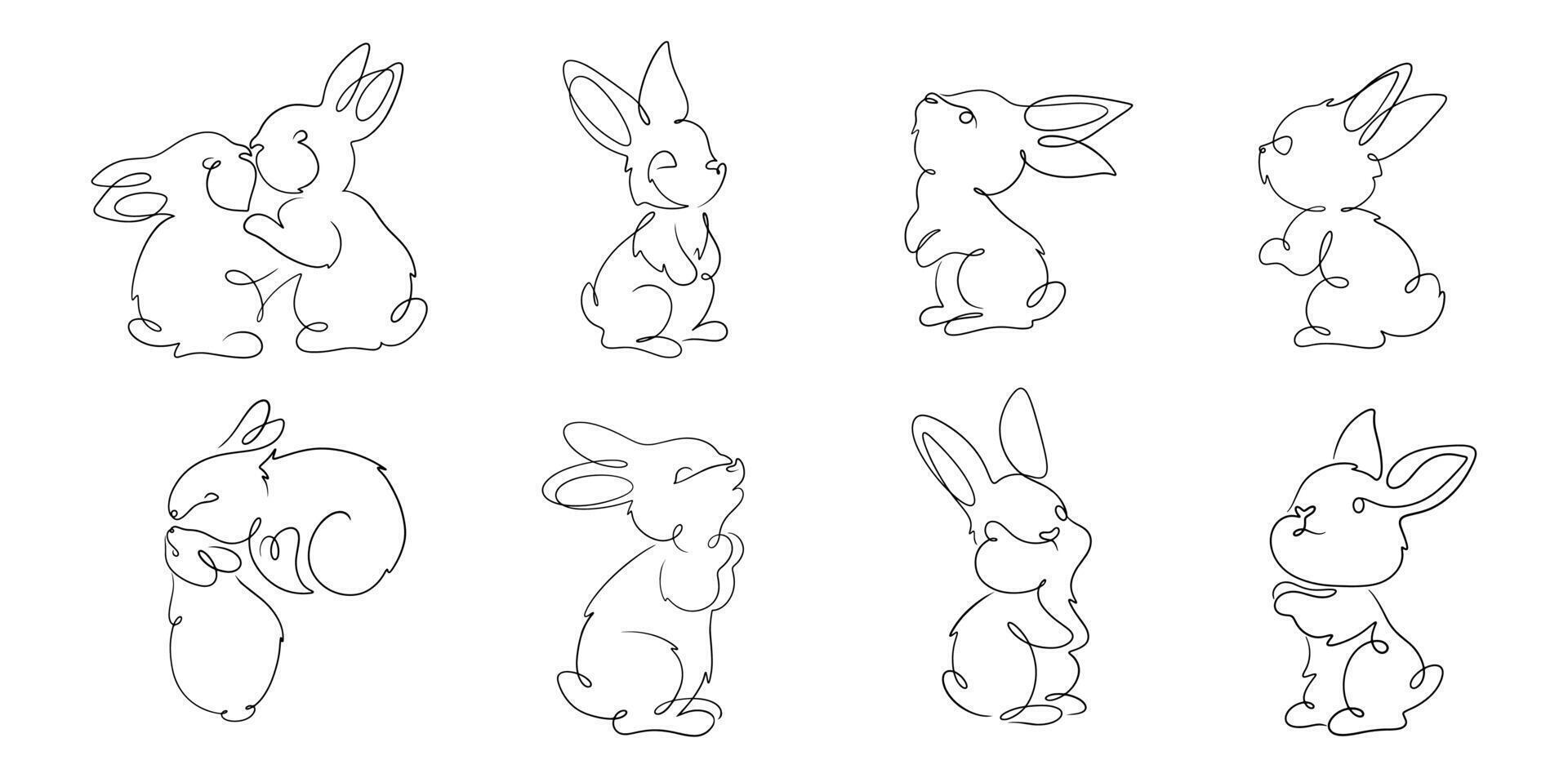 Set of drawing Easter rabbit. Cute bunny in the line art style, minimal logo tattoo vector