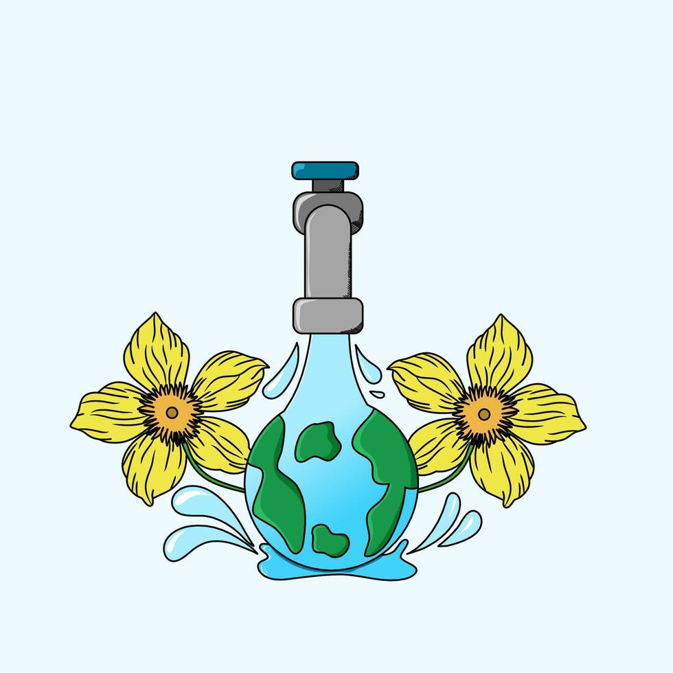 ilustración para internacional agua día, grifo, mundo y plantas, lata ser usado para carteles, volantes vector