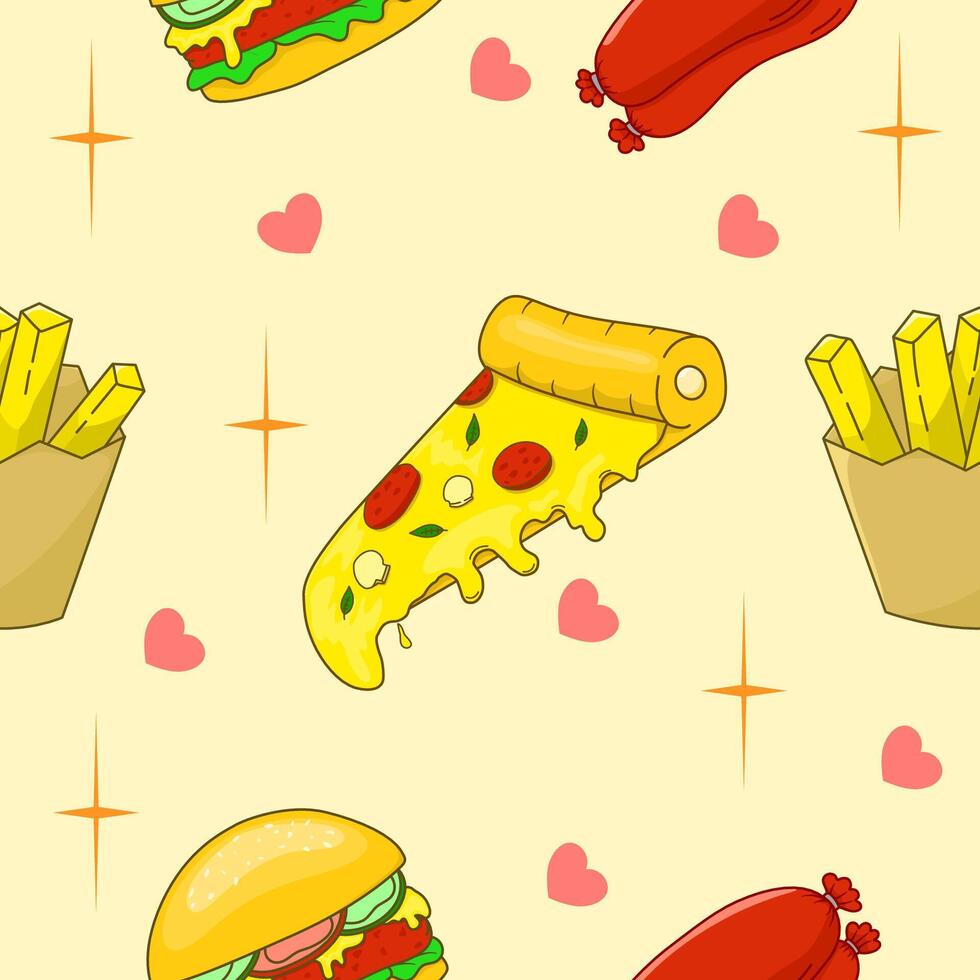 seamless pattern with images of fast food, such as pizza, burgers and sausages vector