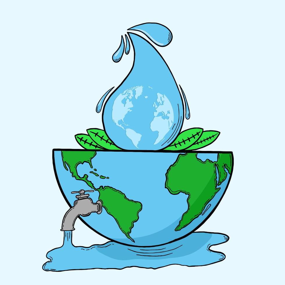 illustration for international water day, world, faucet, water droplets and leaves, can be used for posters, flyers vector