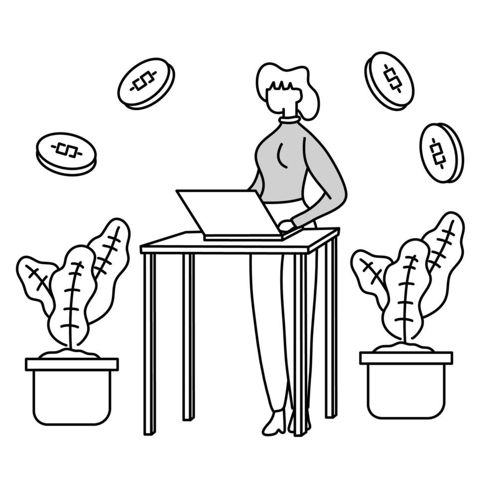 Woman is standing while working at a high table with a laptop, decorated with plants and coins, doodle cartoon illustration. vector