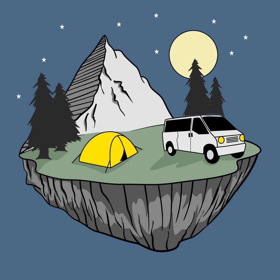doodle illustration of camping with a car and setting up a tent at night vector