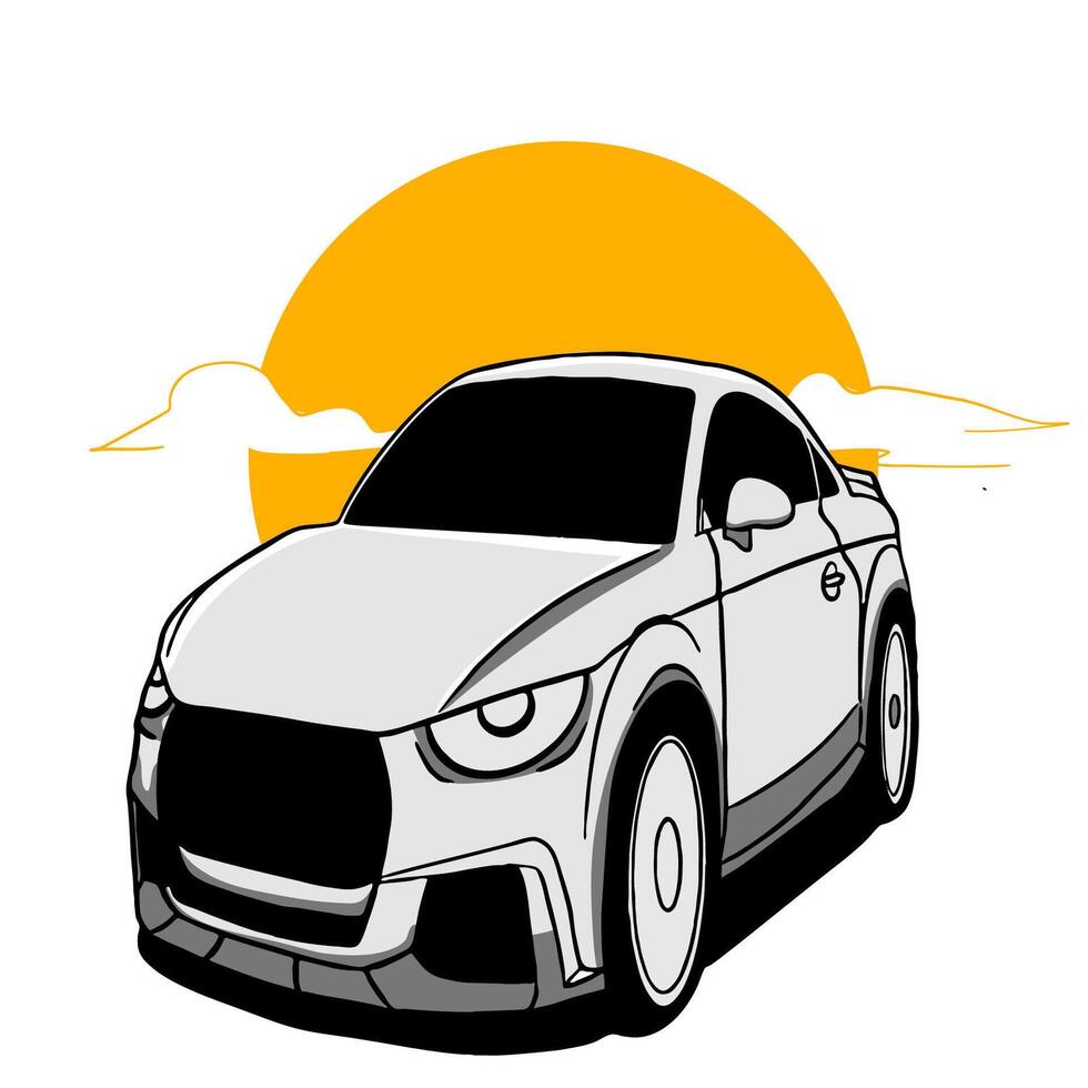 illustration of a gray car on a white background and a sun with clouds vector