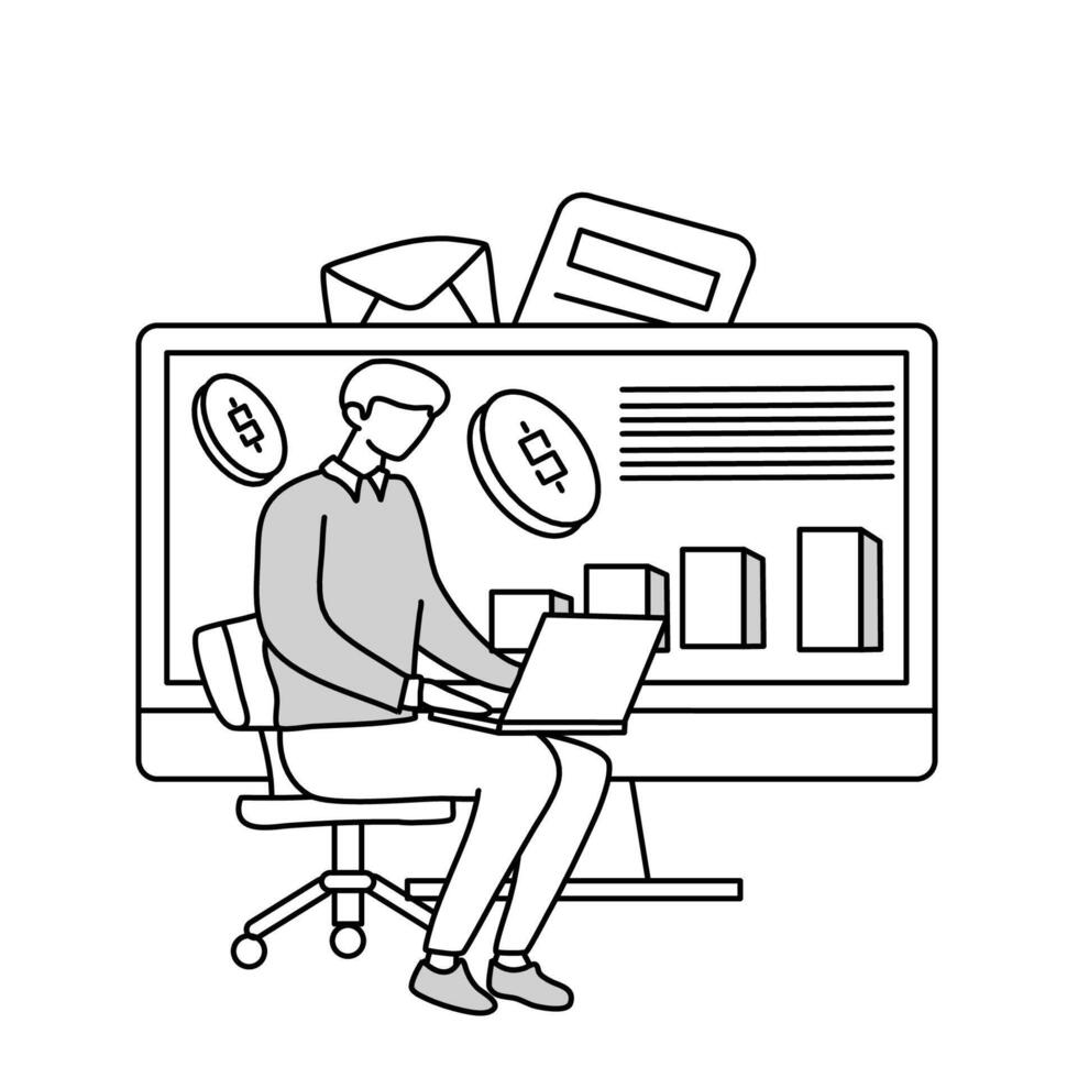 a man sitting in a chair works using a laptop, working to generate high income, with graphs on a big board, capital market graphs, doodle cartoon illustration vector