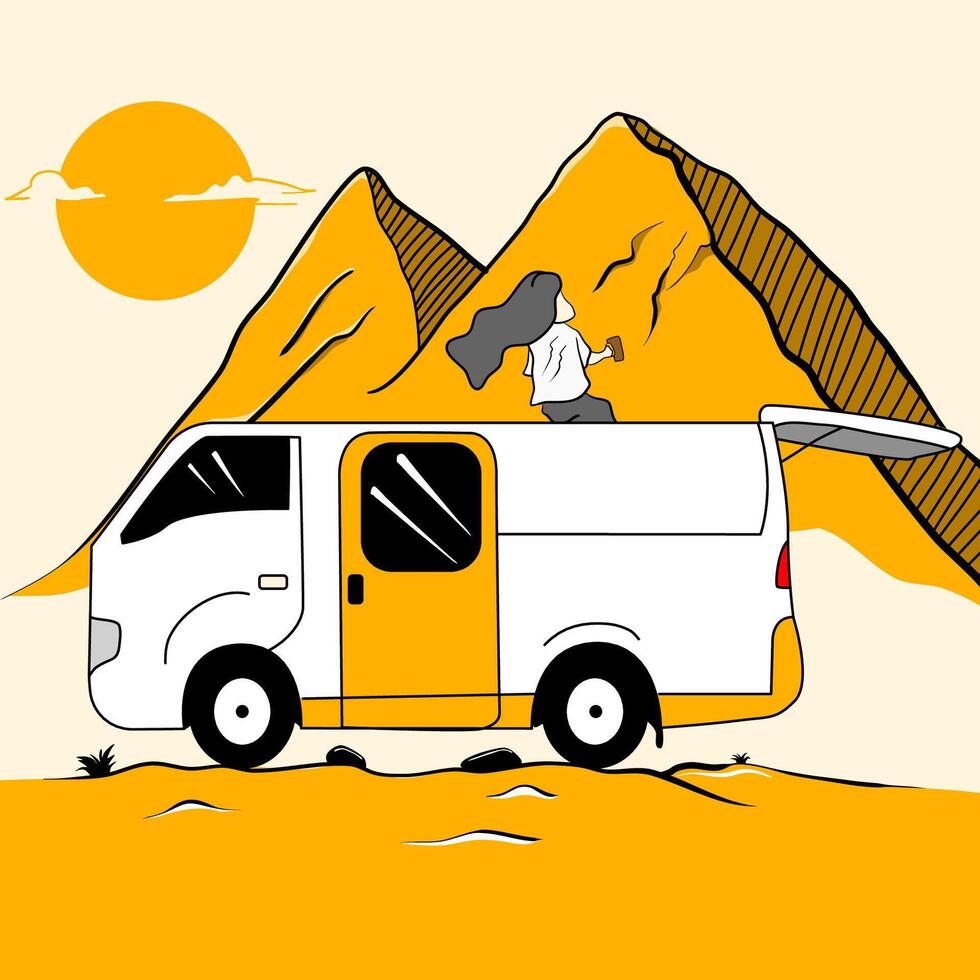 ilustración de personas Bebiendo café en un camioneta mientras mirando a un montaña ver en el tarde vector